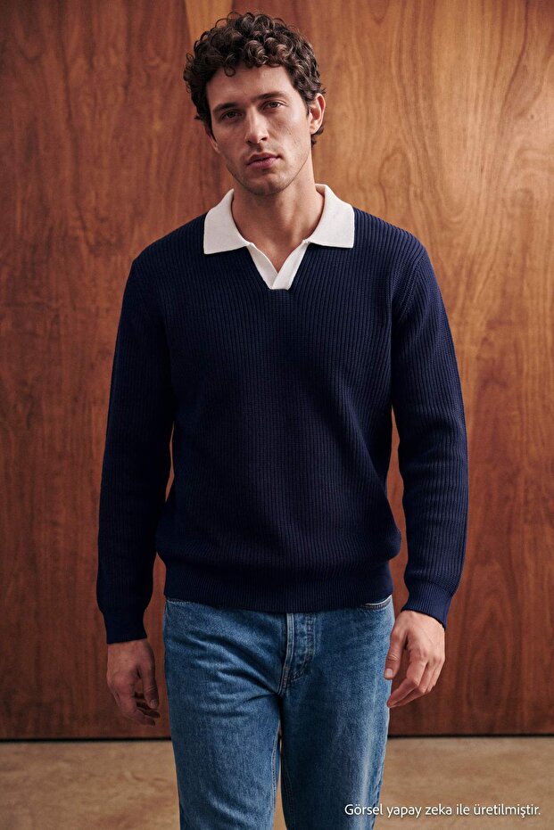 Lacivert Oversize/Geniş Kesim Dokulu Kontrast Yaka Detaylı Polo Yaka Triko Kazak TMNAW27KZ00016