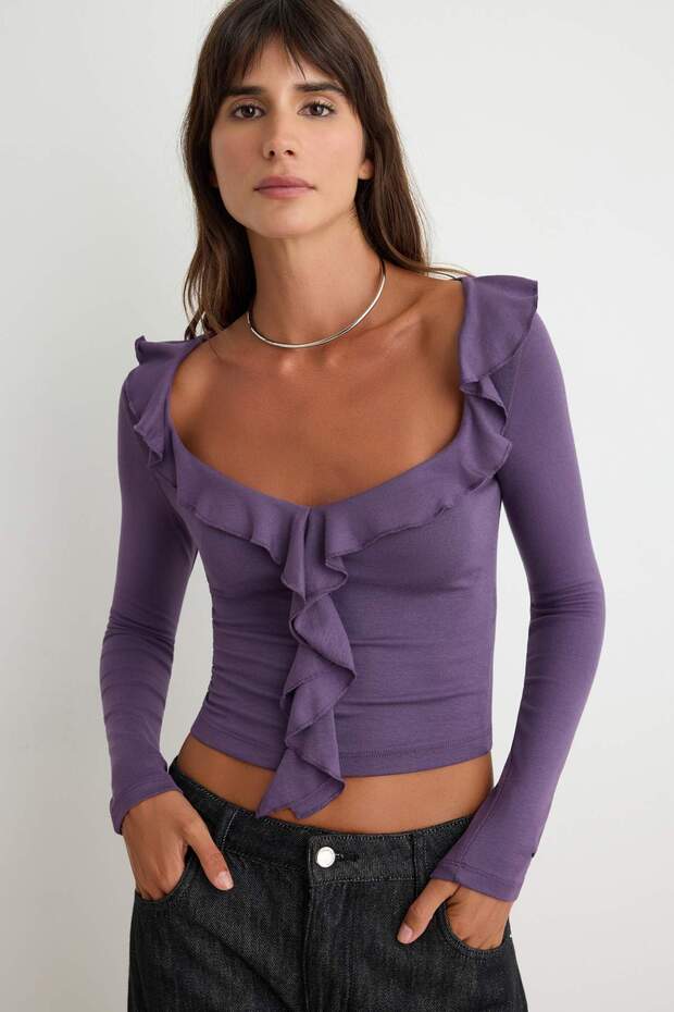 Mor Fırfırlı Fitted/Vücuda Oturan Örme Bluz TWOAW26BZ00287