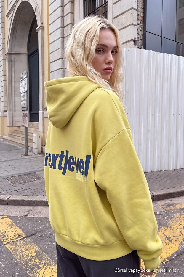 Lime Slogan Kalın İçi Polarlı Oversize/Geniş Kesim Kapüşonlu Örme Sweatshirt TWOAW27SW00170