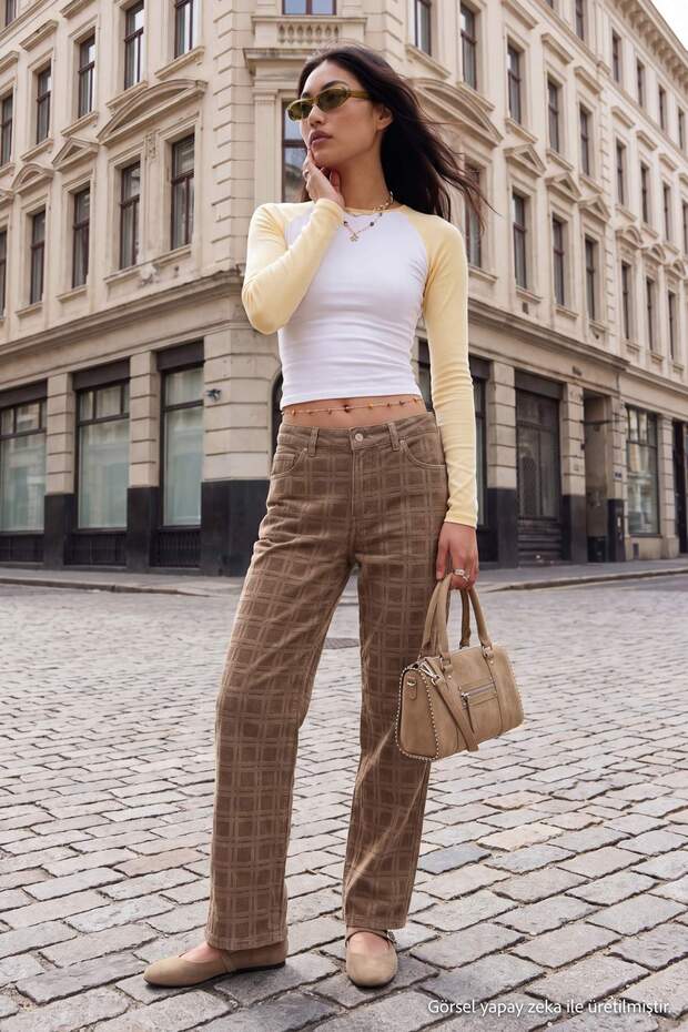 Bej Desenli Süet Görünümlü Yüksek Bel Baggy Jeans TWOAW27JE00152