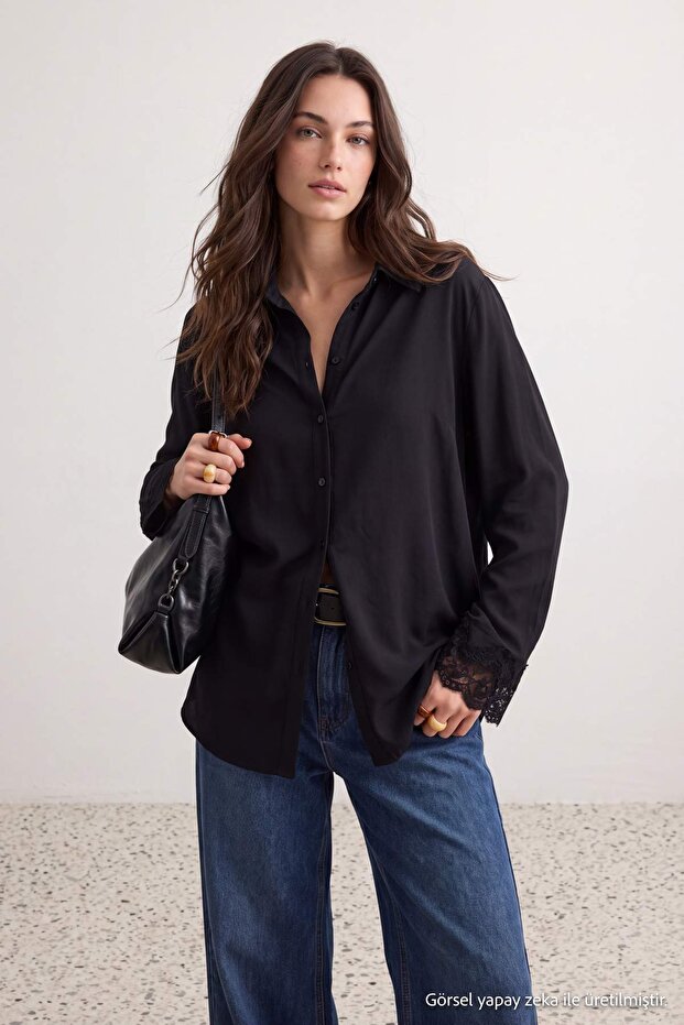 Black Cuffed Lace Draped Oversize Shirt Tctaw27Tg00019