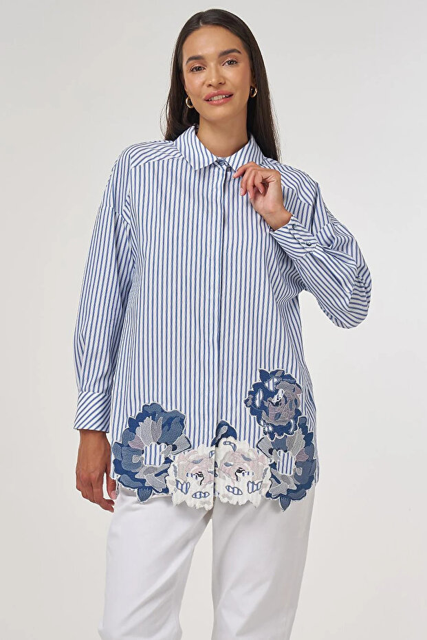 Embroidery Appliqued Cotton Tunic Indigo