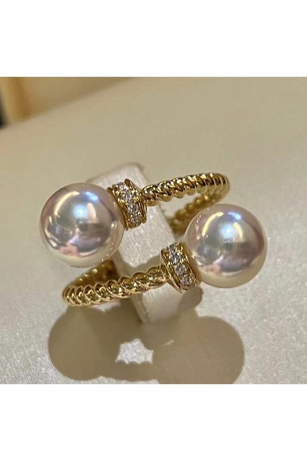 resizable Q171 Huitan Temperament Double Imitation Pearl Open Ring Twist Gold Color Band New Fashion