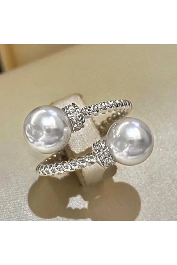 resizable T0945 Huitan Temperament Double Imitation Pearl Open Ring Twist Gold Color Band New Fashio