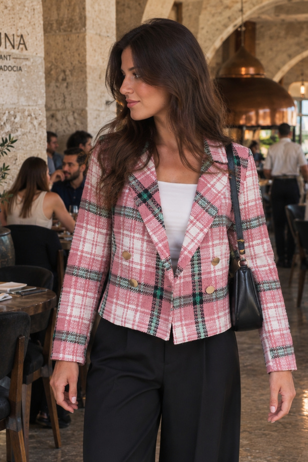 Women's Dusty Rose Double Breasted Collar Tweed Crop Jacket ARM-24K001014