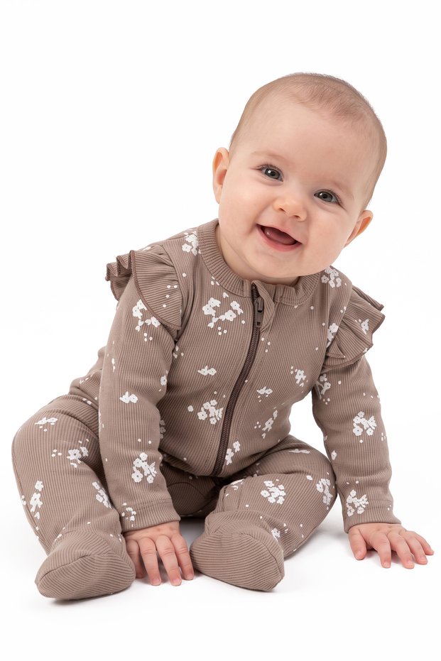 Baby Girl Brown and White Floral Ruffle Zippered Jumpsuit 0-3 Months