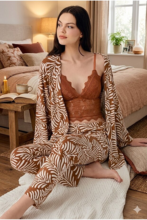 Women's Modal 3-Piece Pajama Set Brown