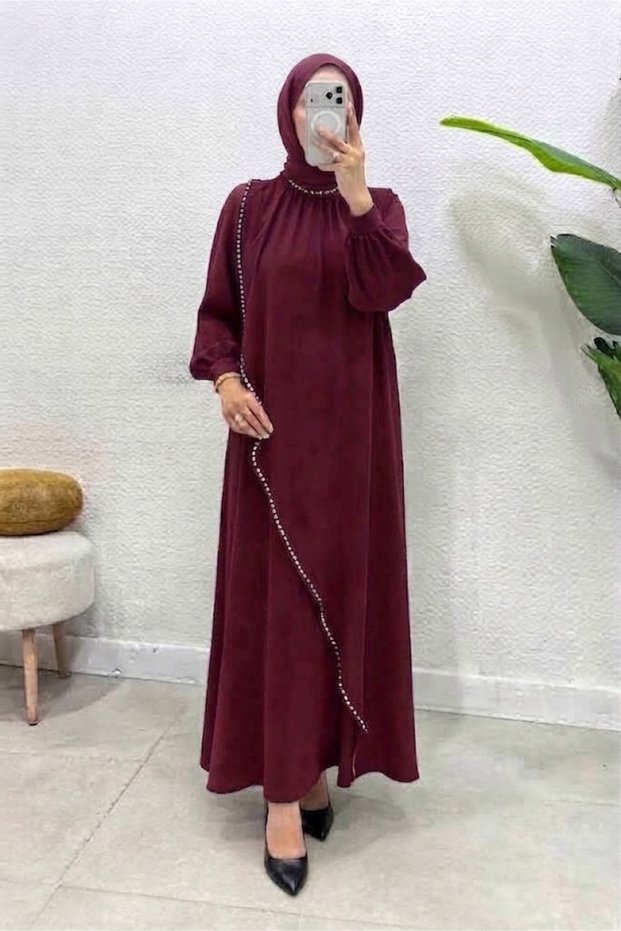 Women's Crepe Fabric Pearl and Stone Embellished Nazende Hijab Dress - Burgundy
