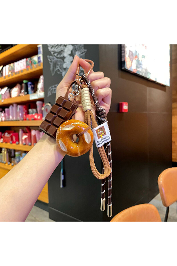 Bagels Chocolate Delicate Bowknot Woven Rope Keychain Chocolate Anti-lost Bread Keychain Polyester B