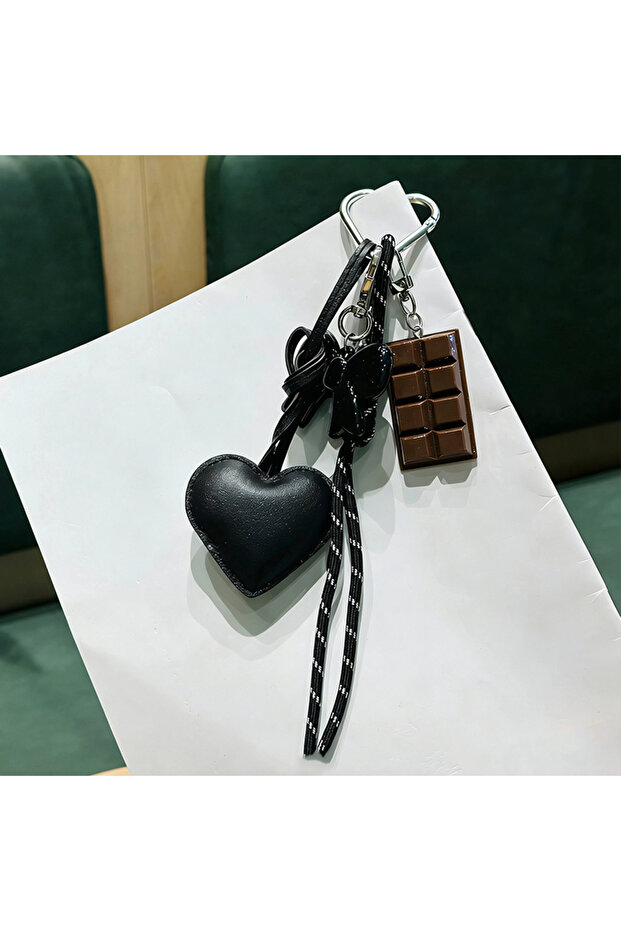 black INS Style Kawaii Korea Trendy Heart Leather Keychain Bag Package Decor Chocolate Pendant Acces
