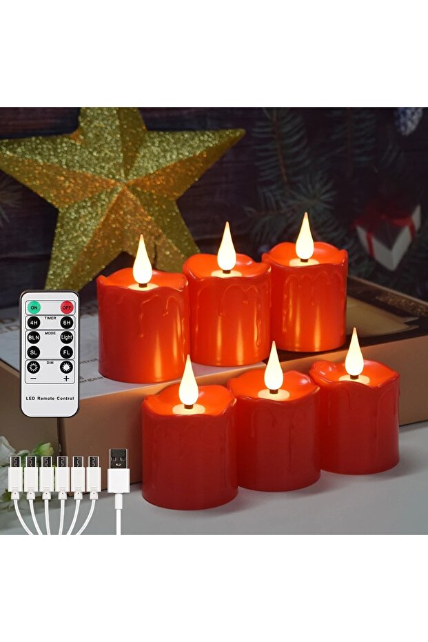 6pcs red Rechargeable LED Candles Waterproof Flameless Candle with Remote Timer for Home Decor Holid