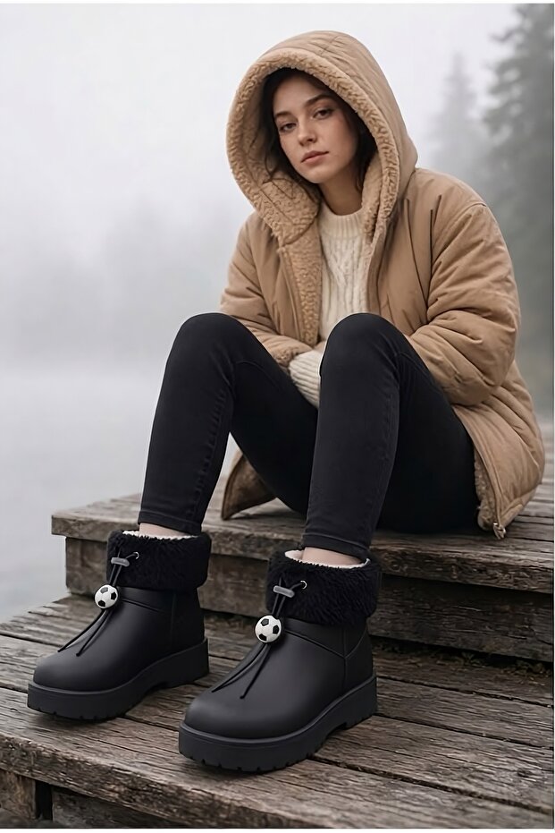 Children's and Women's Intense Fur Waterproof Figured Short Boots-Black