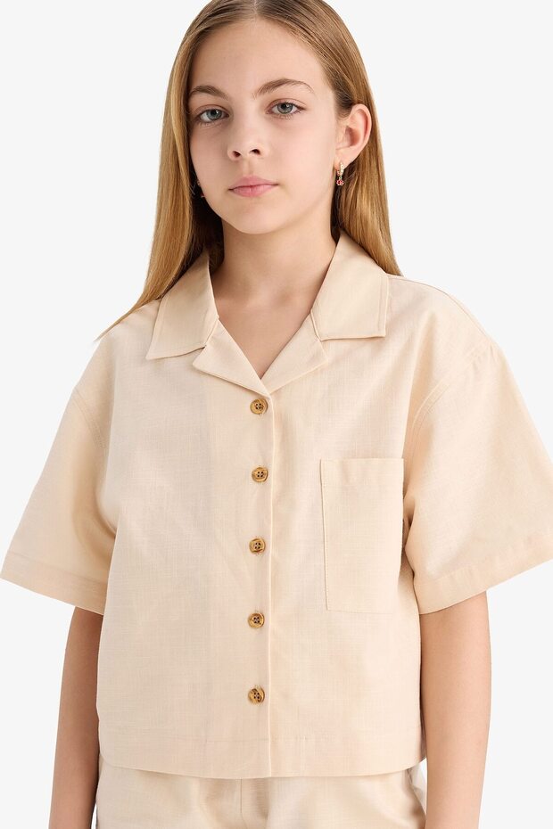 100% Cotton Cropped Fit Linen Short Sleeve Shirt Girls D7638A825Sm