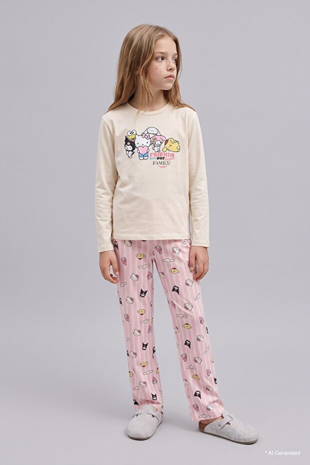 100% Cotton Hello Kıtty Long Sleeve Pajama Top Flexible Waisted Long Pajama Bottom 2-Piece Set Girls I187