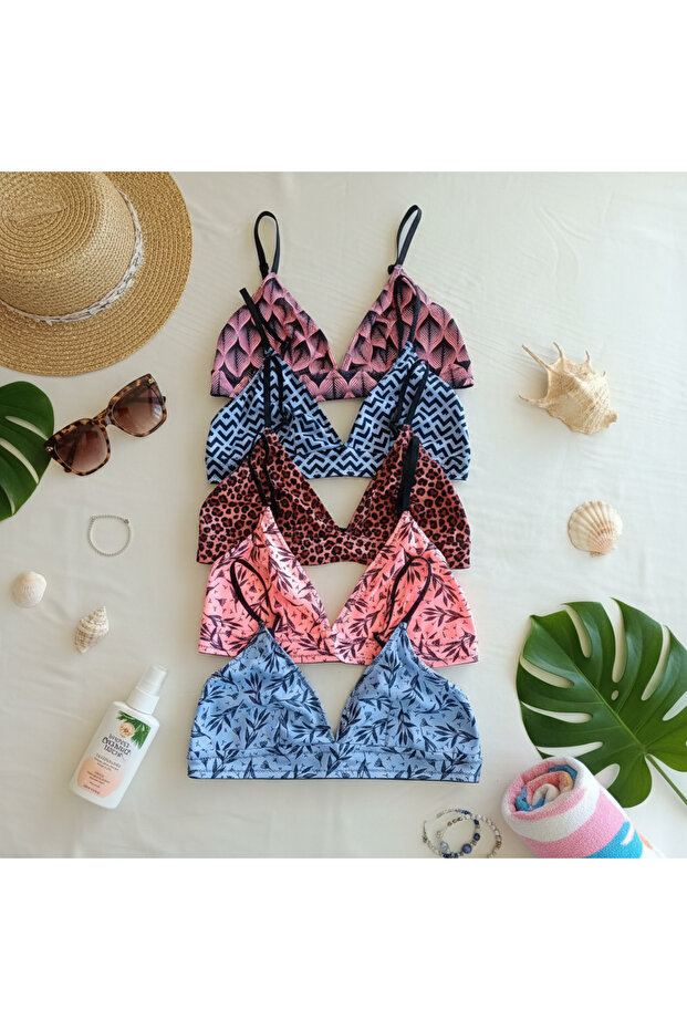 Women's Wire Free Unassisted Triangle Bralet 5 Colors Pack of 5 Leopard Blue Pink Floral Geometry Patterned Milk