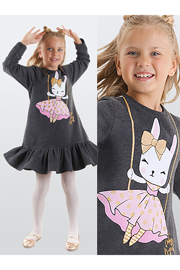 Girl's Winter Rabbit Patterned Gray Long Sleeve Ruffle Dress 2-8 Years
