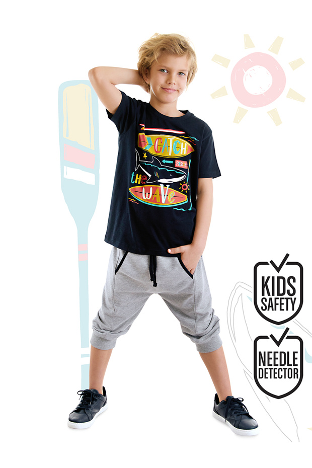 Catch Wave Shark Navy Blue Boys Summer T-Shirt Capri Shorts Set