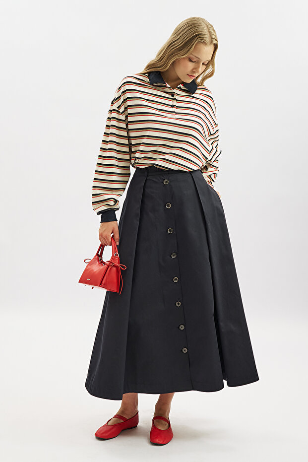 Lula Buttoned Skirt with Pleat Detail Navy Blue