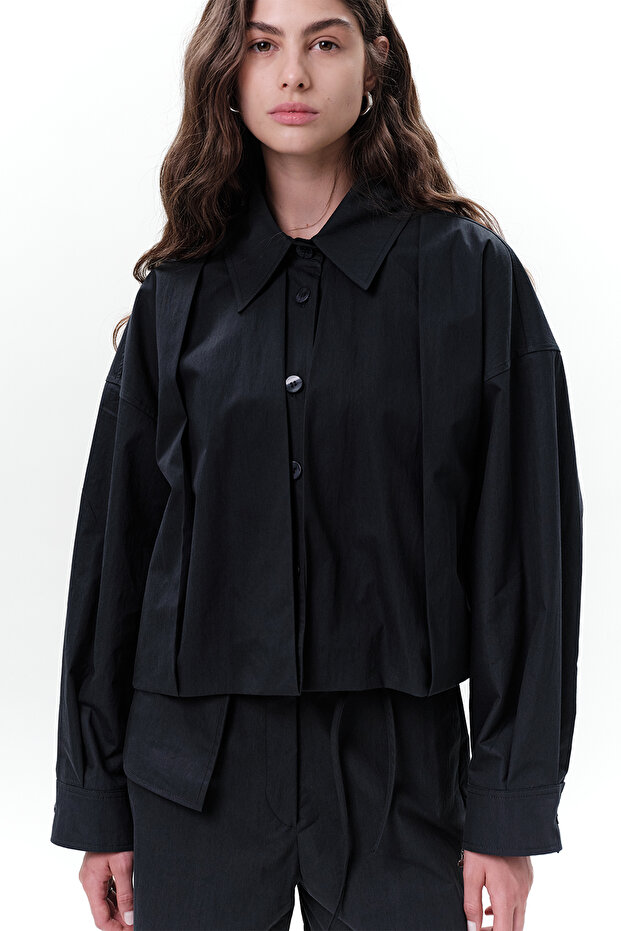 Short Jacket with Pile Detail Dark Blue