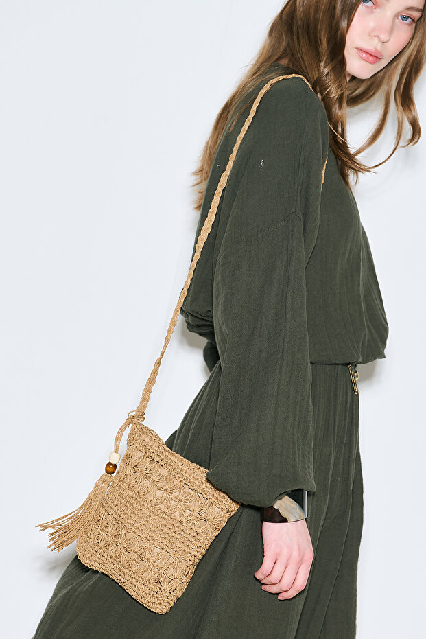 Tassel Detail Mini Straw Bag Natural
