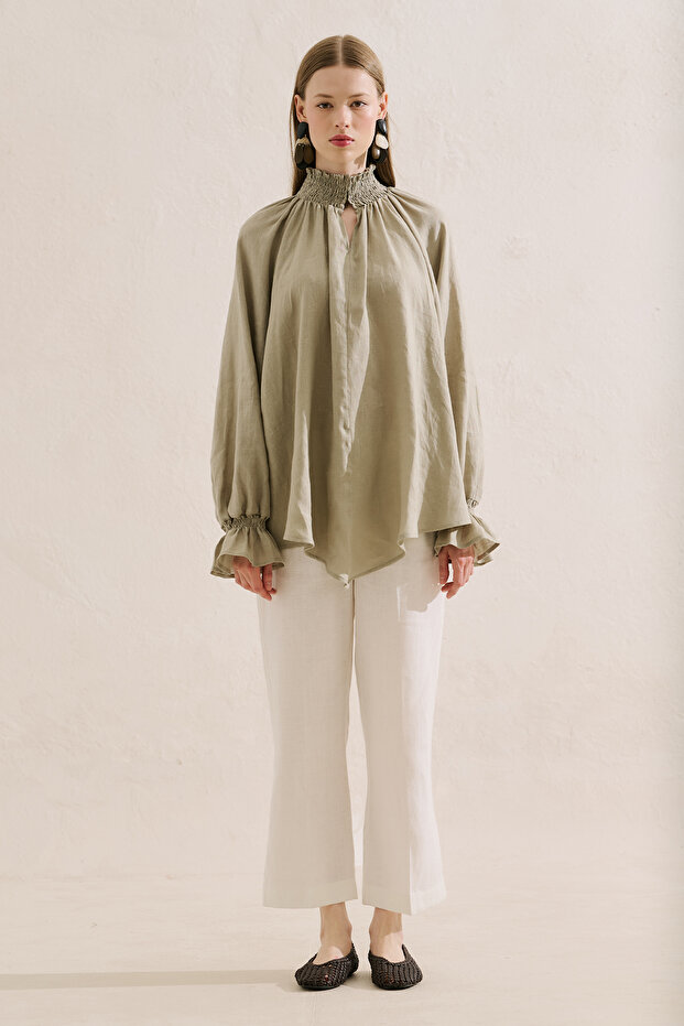 Gi̇peli̇ Linen Balloon Sleeve Blouse Green