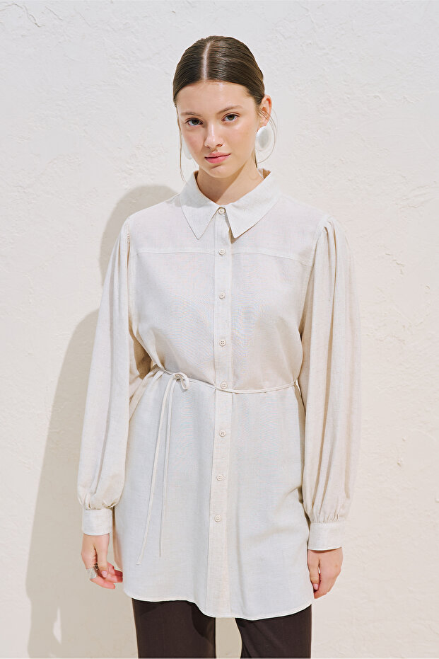 Linen Mixed Balloon Sleeve Long Tunic Natural