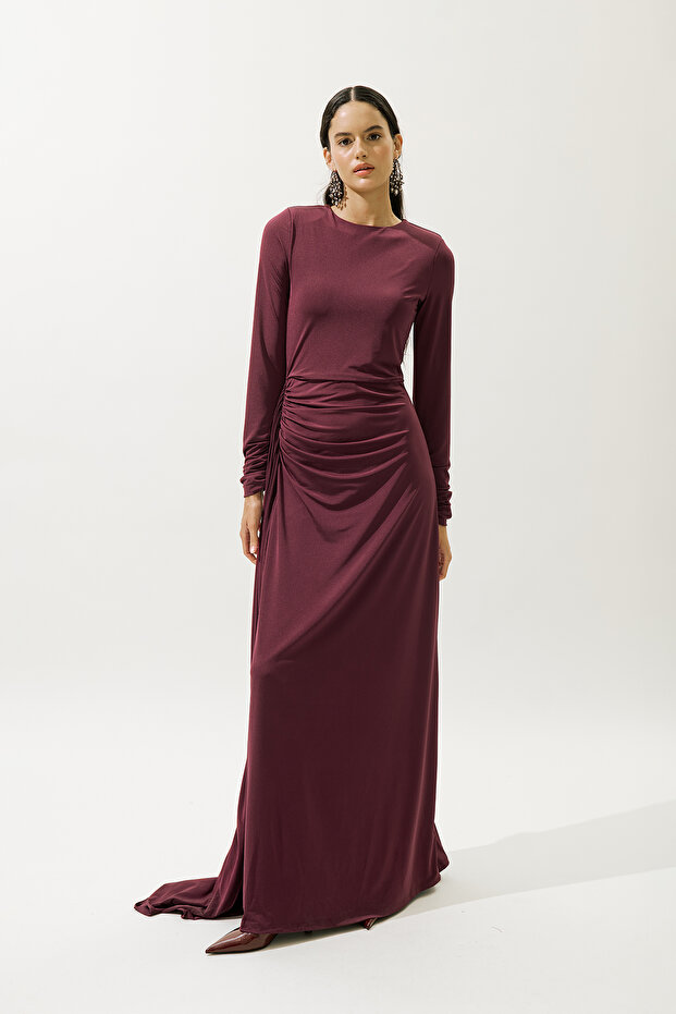 Tie Detail Evening Dress Bordo