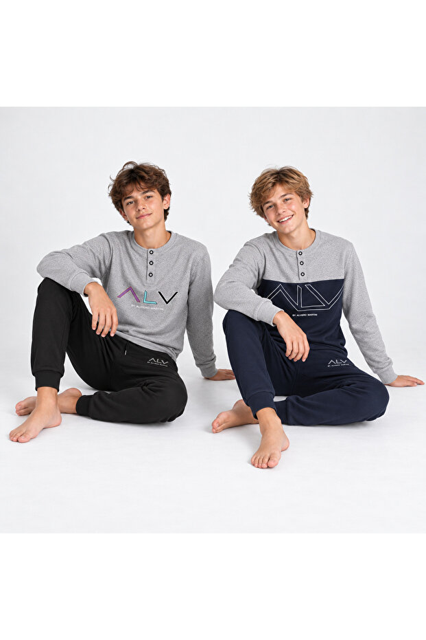 Young Men's Cotton Collared Buttoned Pocketed Gift Set 2 Pieces 2-Piece Top and Bottom Pajama Set (Al009 V1, Al008)