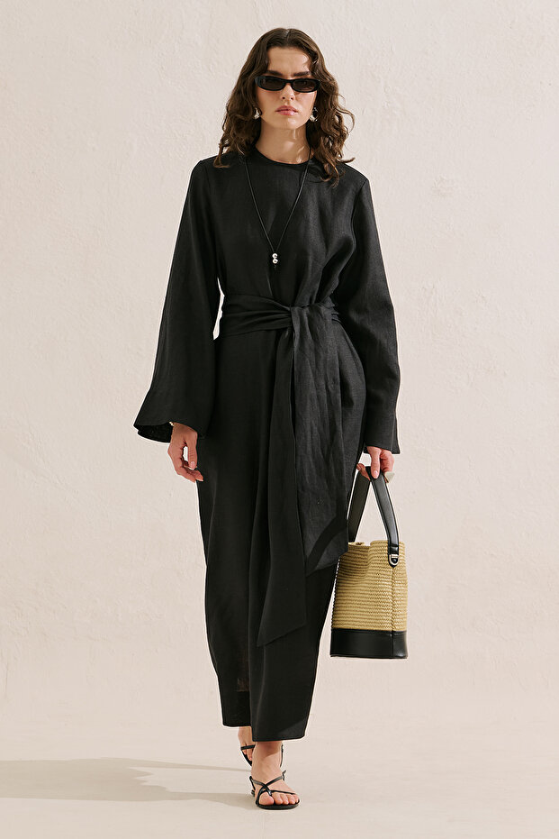 Linen Wide Belt Dress Black