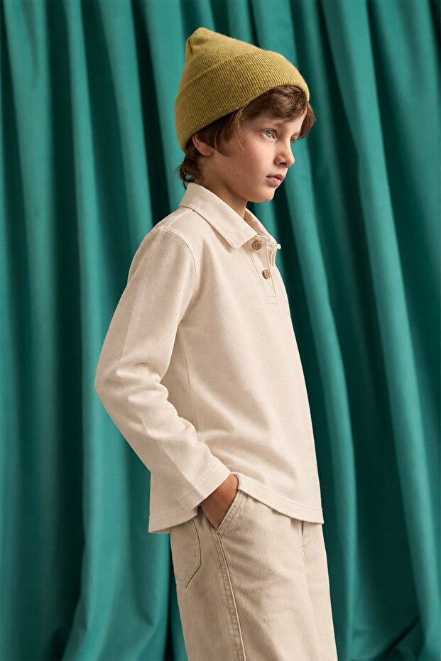 Polo Collar Long Sleeve T-Shirt 5-12 Years Ecru