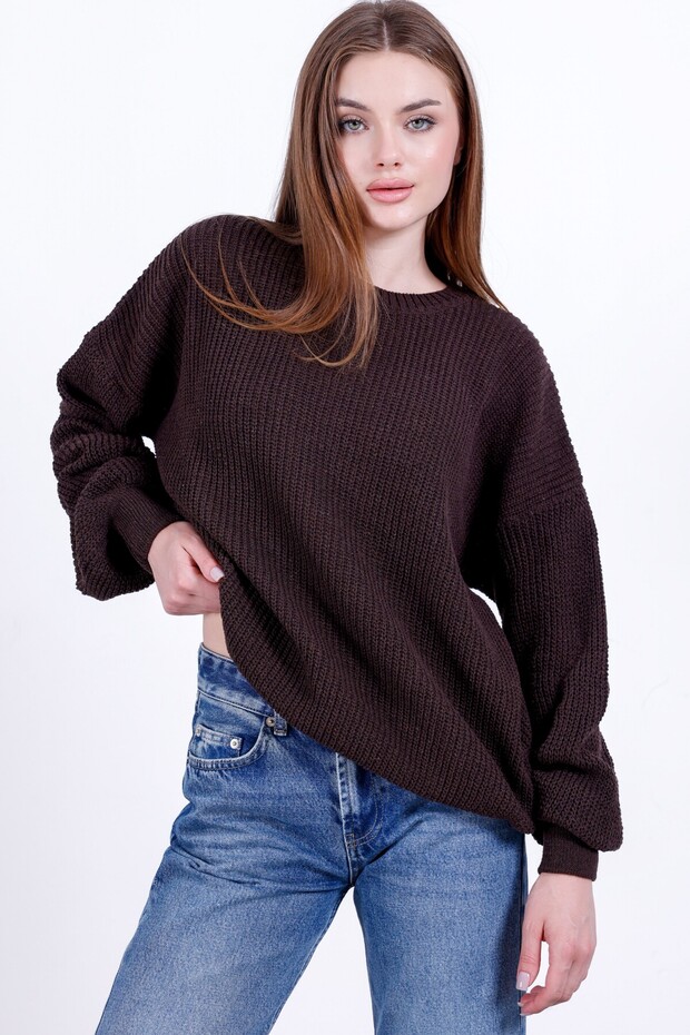 Brown Oversized Crew Neck Women's Knitwear Sweater