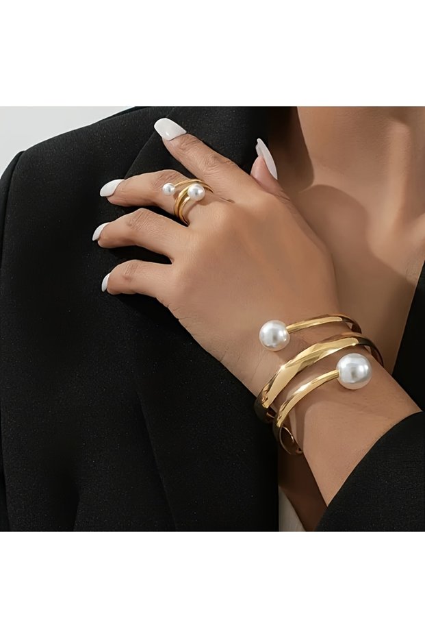 YF7178-1 2-piece Fashionable Geometric Imitation Pearl Multi-layer Bracelet Ring, Women's Personaliz