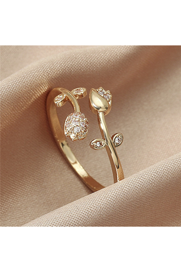 resizable ZC5025-1 Fashion Luxury Gold Color Tulip Flower Open Ring, Women's Vintage Trend Elegant T
