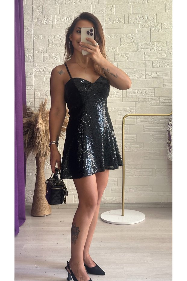 Black Sequined String Strap Mini Dress