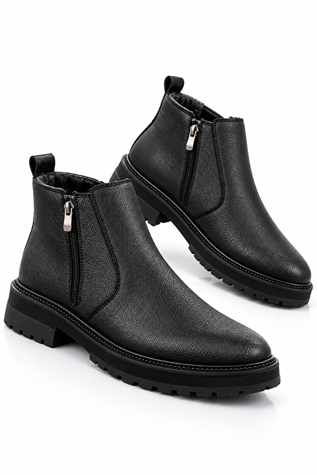 Black Daily Fur Lined Cold and Waterproof Guaranteed Sturdy Non-Slip Rubber Sole Ankle Boots