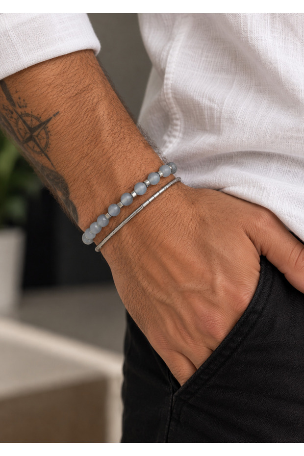 Blue and Silver Color 2-Piece Men's Bracelet Combination-011
