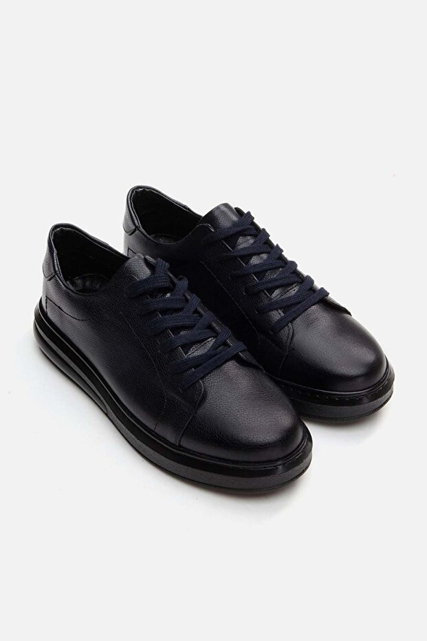 Men's navy blue genuine leather casual shoes