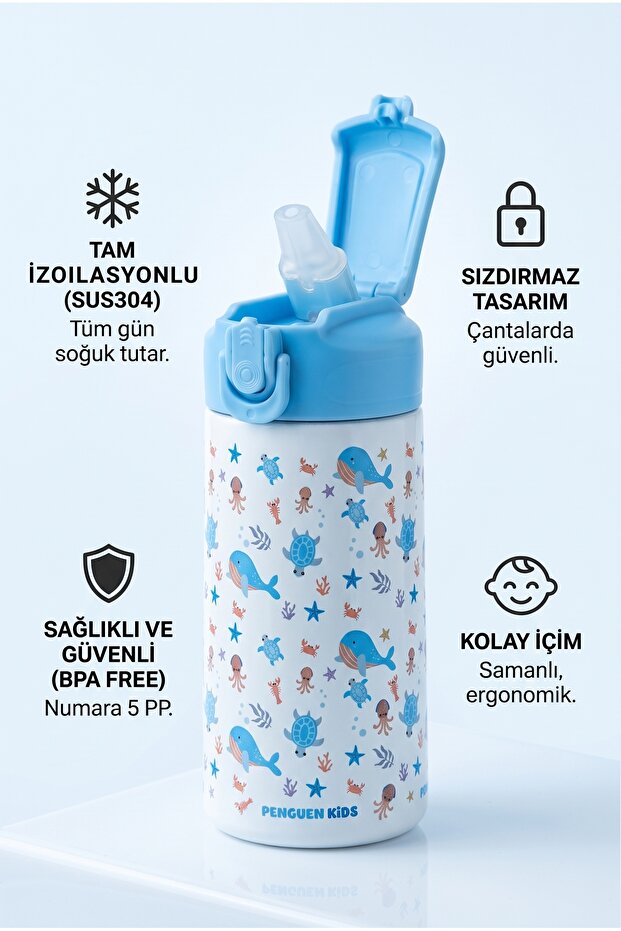 Children's Steel Water Bottle with Straw and Flask 500 ml Leak-Proof Bpa Free Sus304 School Water Flask