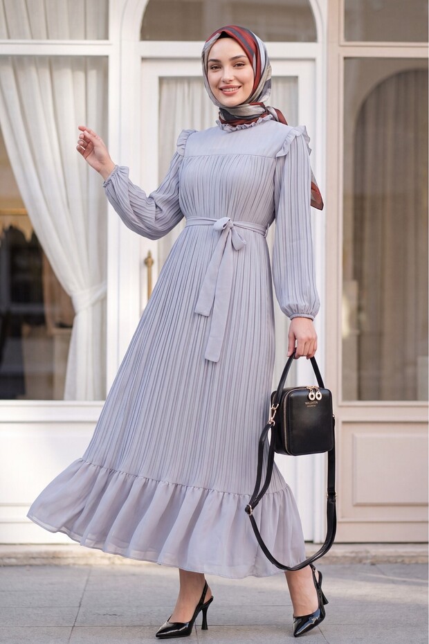 Robe-Style Dress with Pleated Sleeves and Body -Grey