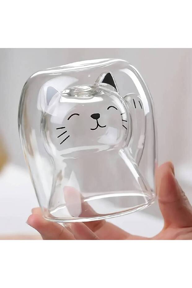 201-300ml transparent 1pc Creative Cute Cat Double-layer Coffee Mug Cartoon Couple Teacup Insulated