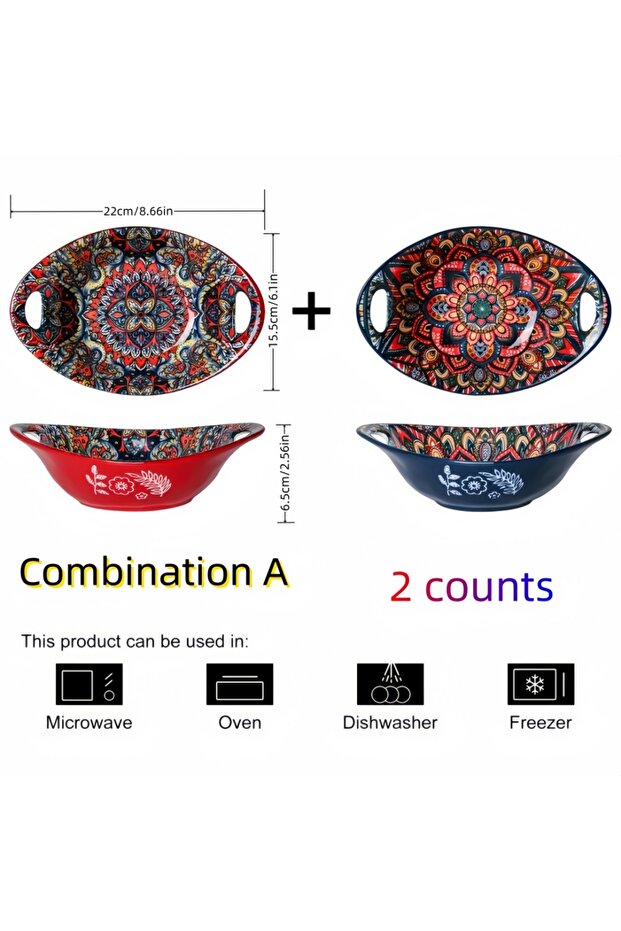 >8 inch red and blue Ceramic Salad Bowl Bohemian Novelty Oval Plate with Handle Microwave Safe Boat-