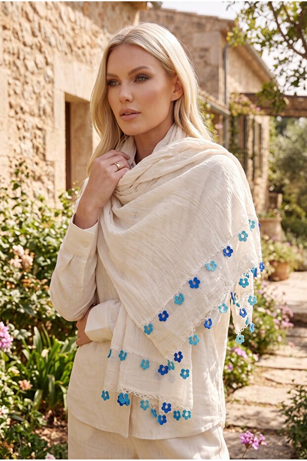 Gradual Flower Embroidered Handmade Cotton Shawl