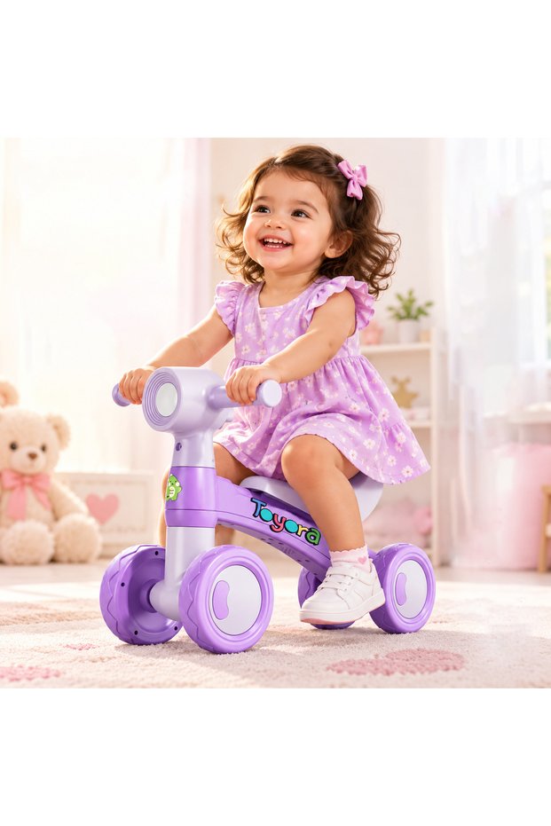 TOYORA Kids Balance Bike with Music & LED Headlight | 4-Wheel Toddler Ride-On Bike | No Pedals | Indoor & Outdoor | 1–3 Years