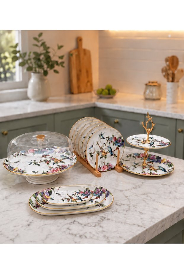 11 Piece Bird Patterned Ceramic Cake Presentation Plate Set