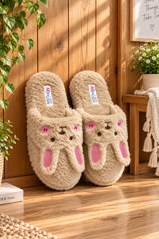 Rabbit with Ears Model Women's House Slippers - Warm and Fluffy Slippers with Noiseless Soles