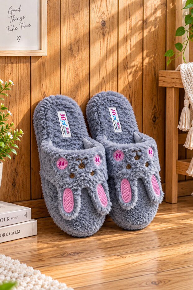 Rabbit with Ears Model Women's House Slippers - Warm and Fluffy Slippers with Noiseless Soles
