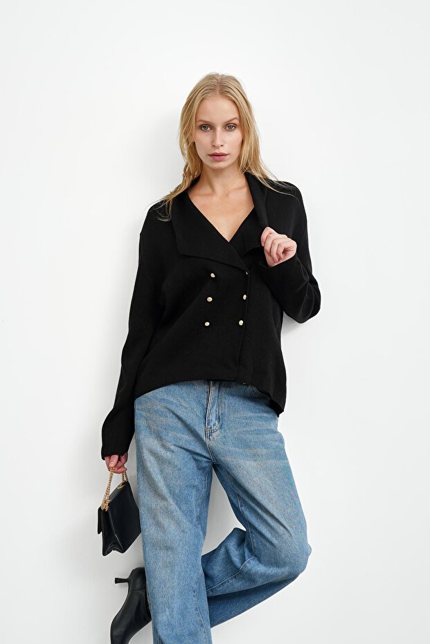 Black Double Breasted Collared Buttoned Knit Cardigan