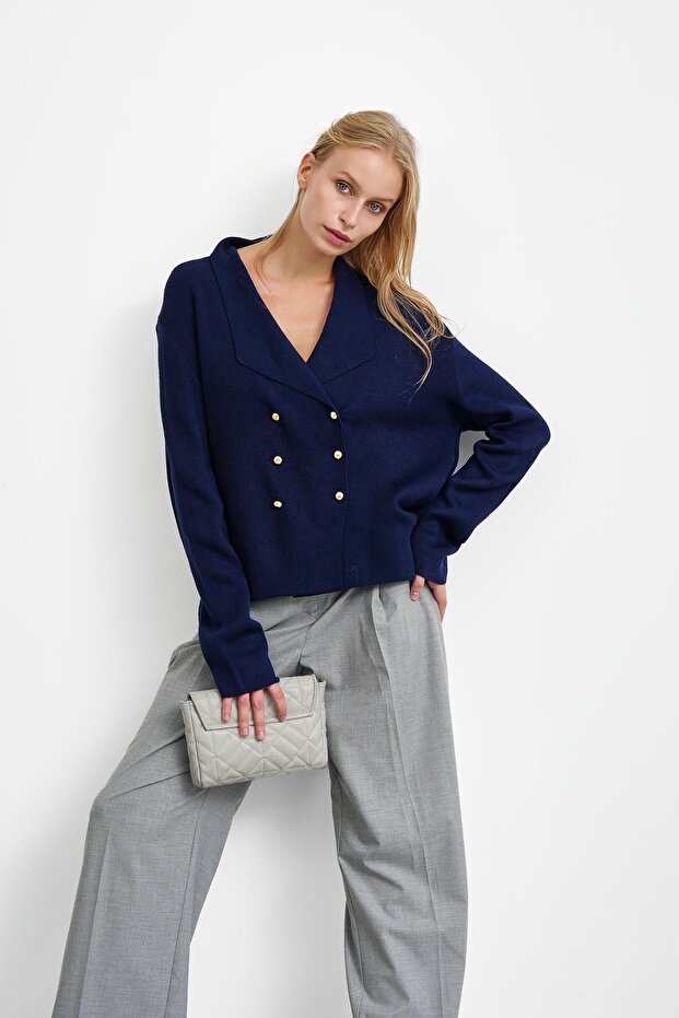 Navy Blue Double-Breasted Collar Buttoned Knit Cardigan
