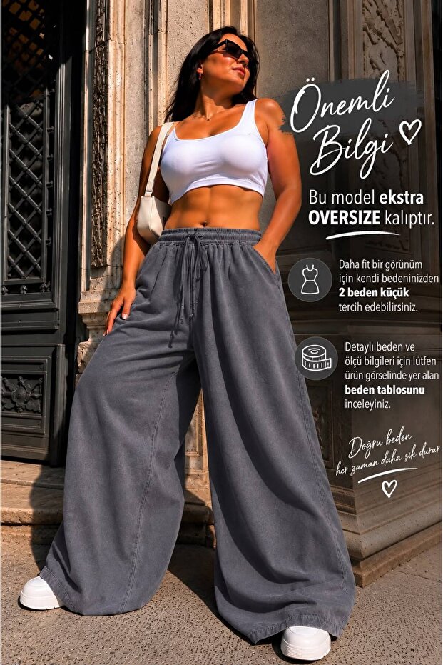 44-52 Size 100% Denim Elastic Waist Oversize Wide Leg Pants – Soft Textured Comfortable Cut Jeans