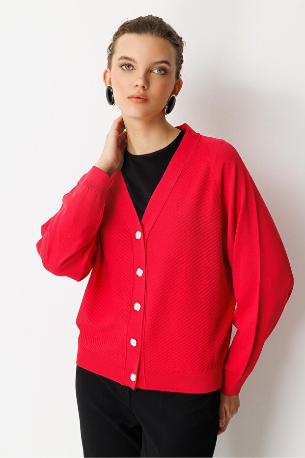 Wick Patterned Raglan Sleeve Mercerized Cardigan